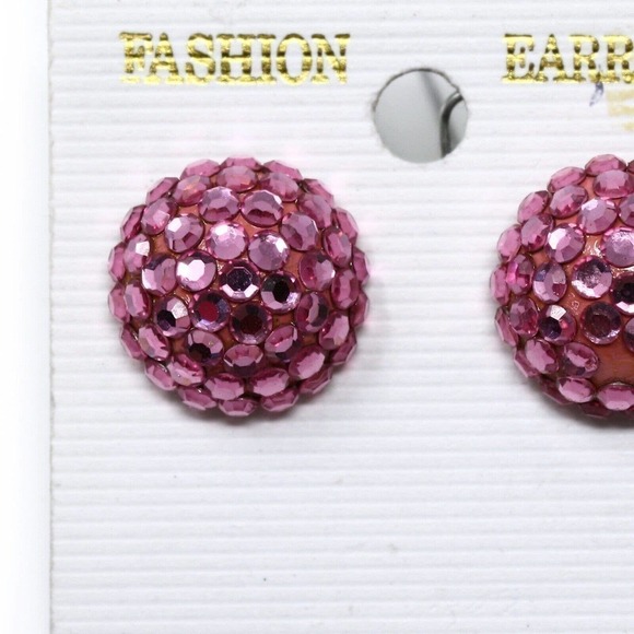 Vintage 1980s Pink Crystal Button Earrings on Card New/Old Store Stock - Hey Viv - Picture 2 of 4